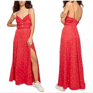Free People Out & About Pink Red Floral Soft Satin High Slit Maxi Slip Dress